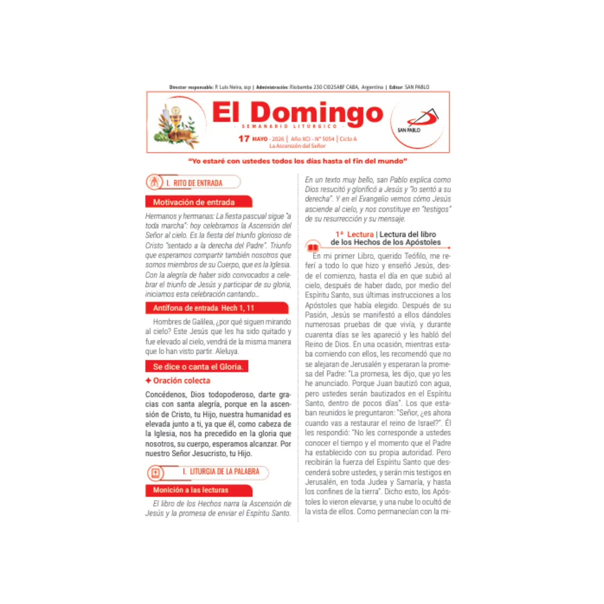El Domingo - del 31 de Mayo al 19 de Julio 2026 - pack de 25 hojas por domingo