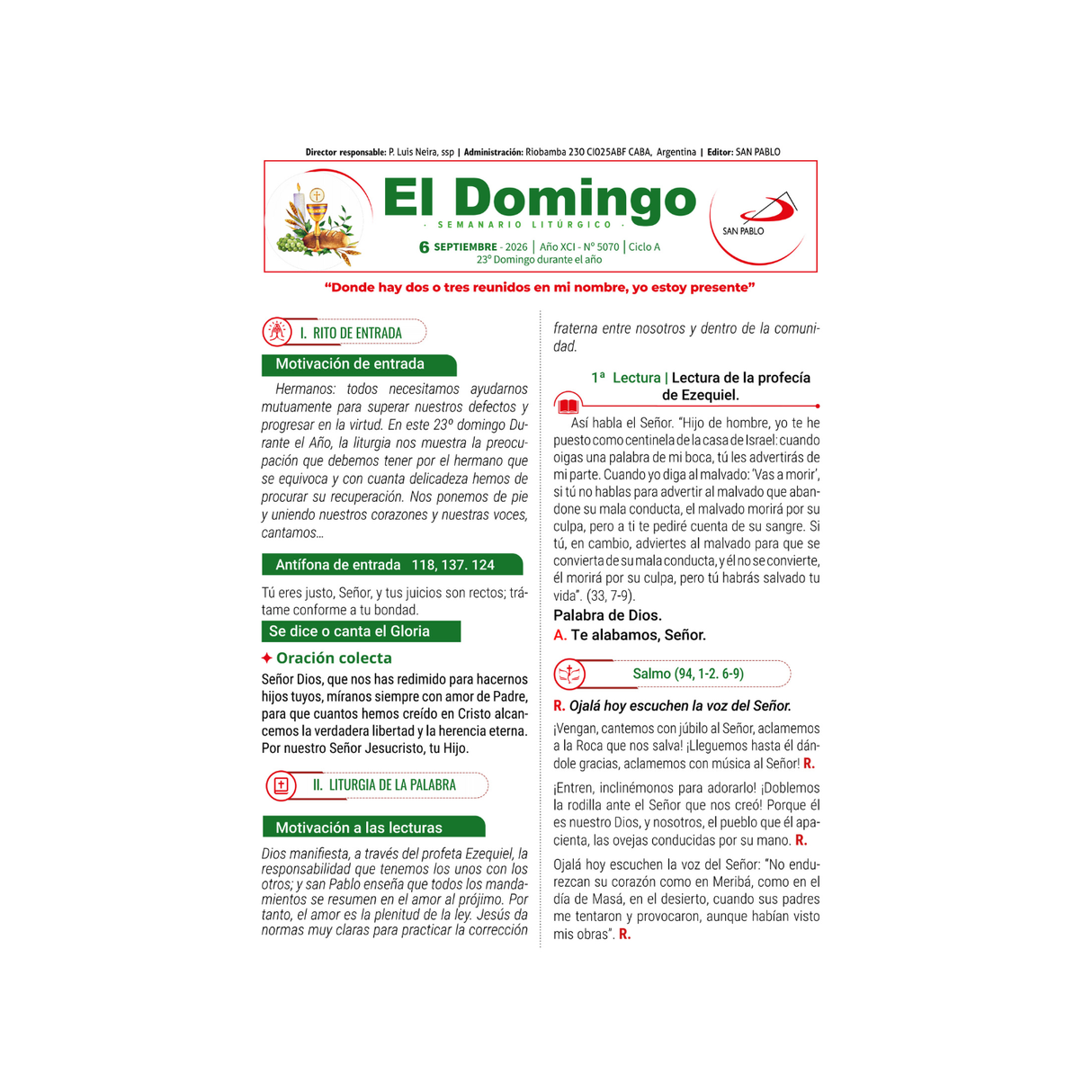 El Domingo - del 26 de Julio al 13 de septiembre 2026 - pack de 25 hojas por domingo