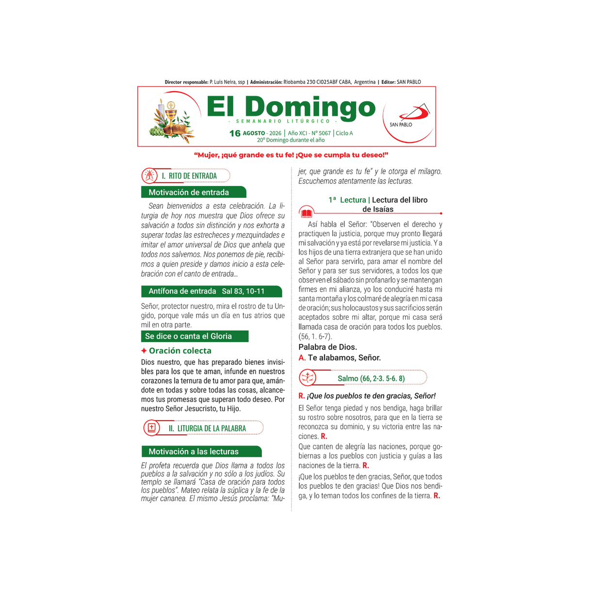 El Domingo - del 26 de Julio al 13 de septiembre 2026 - pack de 25 hojas por domingo