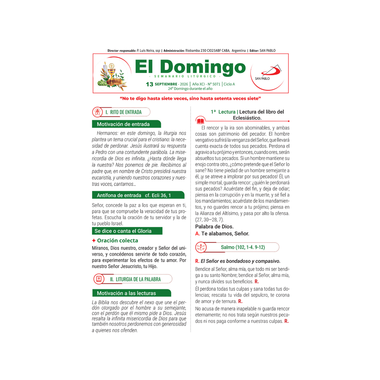 El Domingo - del 26 de Julio al 13 de septiembre 2026 - pack de 25 hojas por domingo