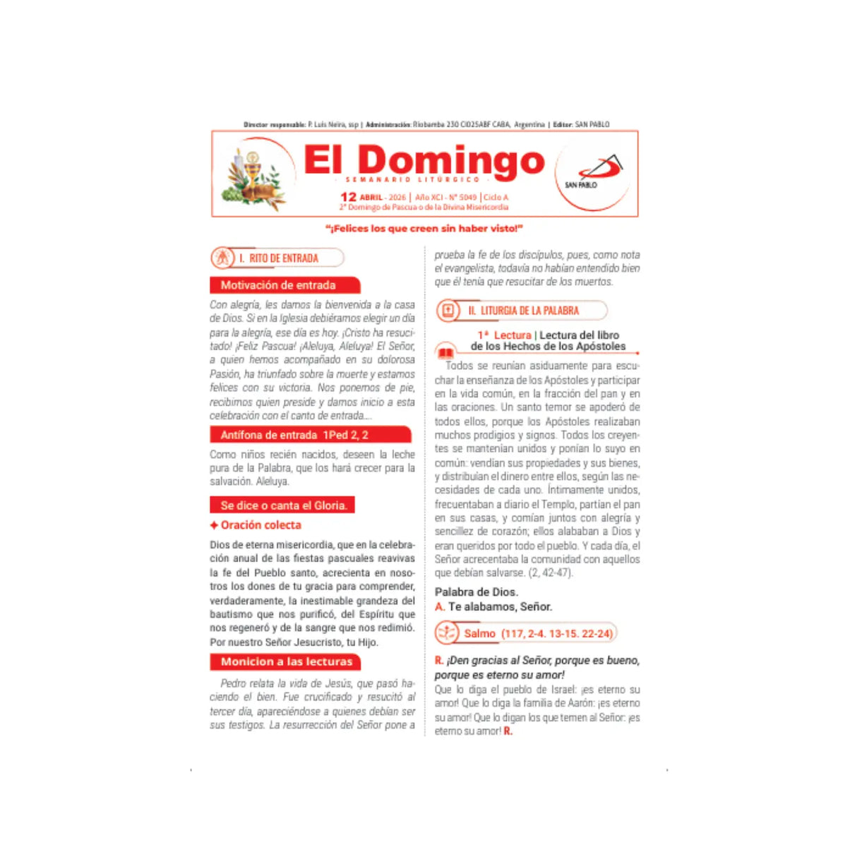 El Domingo - del 31 de Mayo al 19 de Julio 2026 - pack de 25 hojas por domingo