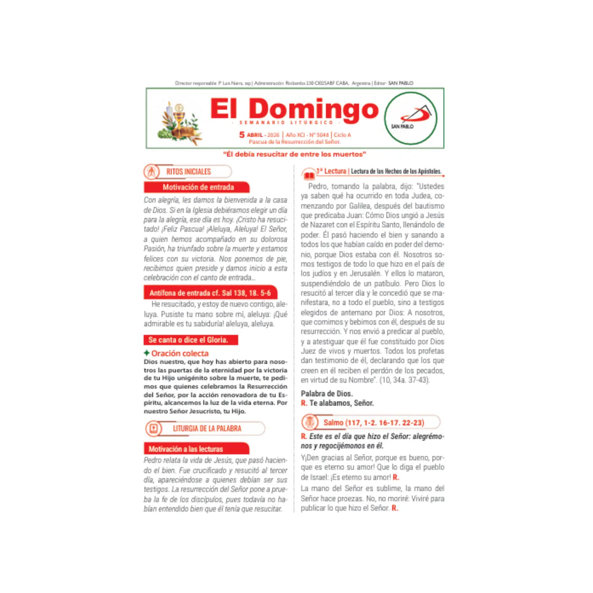 El Domingo - del 31 de Mayo al 19 de Julio 2026 - pack de 25 hojas por domingo