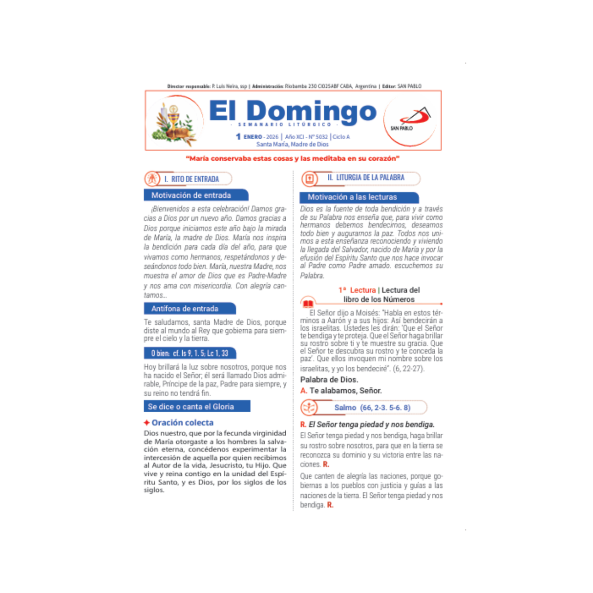 El Domingo - del 1 de enero al 15 de febrero 2026 - pack de 25 hojas por domingo