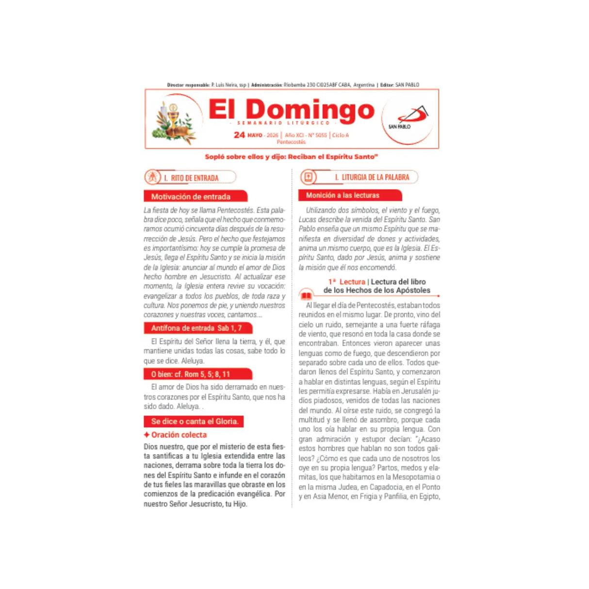 El Domingo - del 31 de Mayo al 19 de Julio 2026 - pack de 25 hojas por domingo