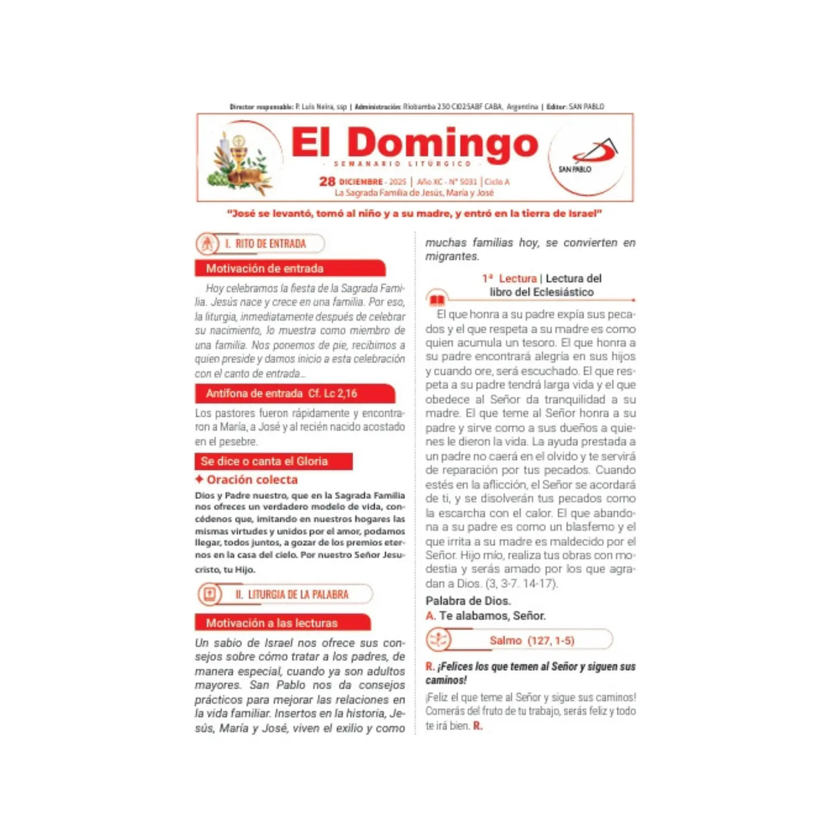 El Domingo - del 16 de Noviembre al 28 de Diciembre - pack de 25 hojas por domingo