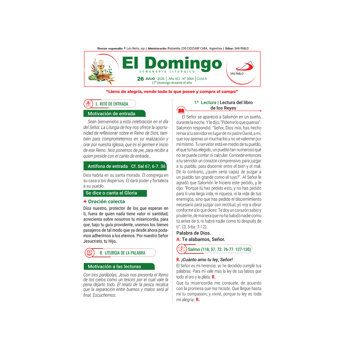 El Domingo - del 26 de Julio al 13 de septiembre 2026 - pack de 25 hojas por domingo